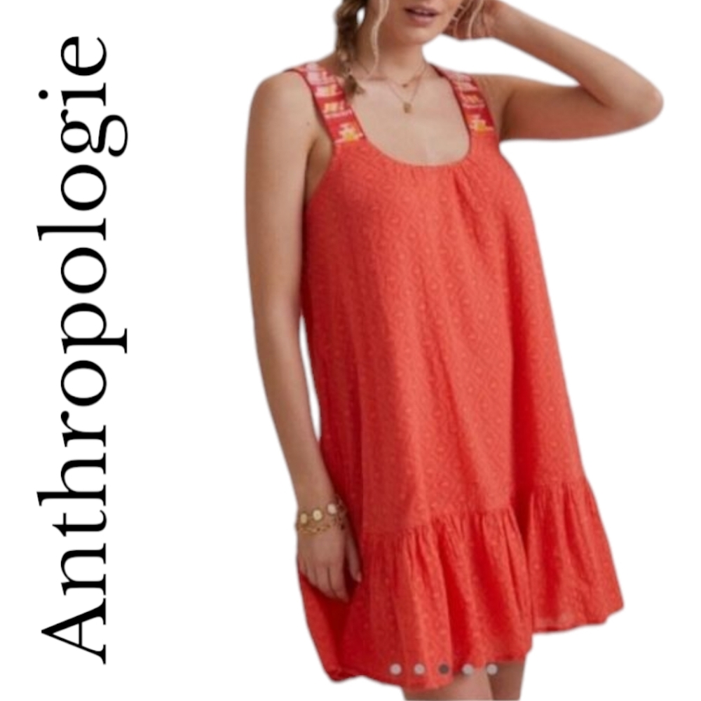 Anthropologie Coral Embroidered Coastal Boho Tunic Dress Size Small
